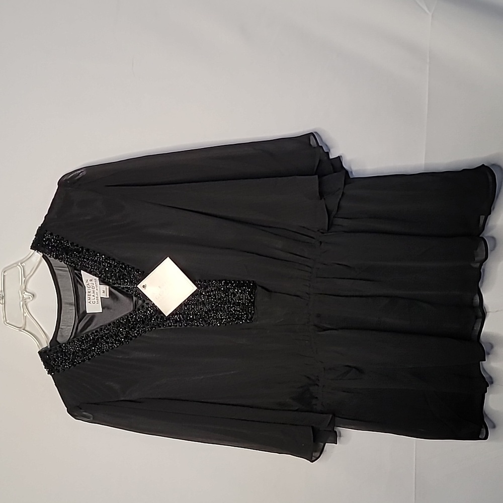 NWT Badgley Mischka vneck sheer butterfly sleeve beaded neck line black top sz M